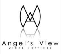 The image shows a stylized logo consisting of an abstract symbol above the words "Angel's View Drone Services" in a clean, modern font.