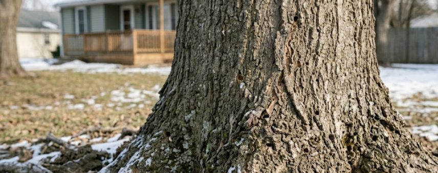 Ash tree trunk showing D-shaped emerald ash borer exit holes and bark splitting in Waukesha County, Wisconsin