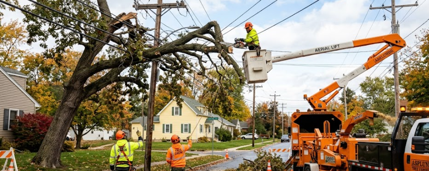 Emergency tree crew coordinating utility-safe removal of a fallen tree tangled in power lines in Southeast Wisconsin