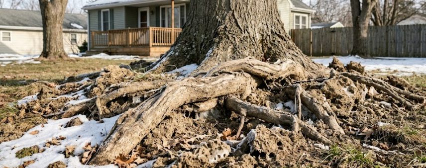 Exposed tree roots lifted by frost heave in a Wisconsin yard showing freeze-thaw soil damage around a mature tree