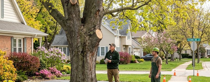 Homeowner inspecting a mature sugar maple tree in a Burlington, Wisconsin residential yard during spring