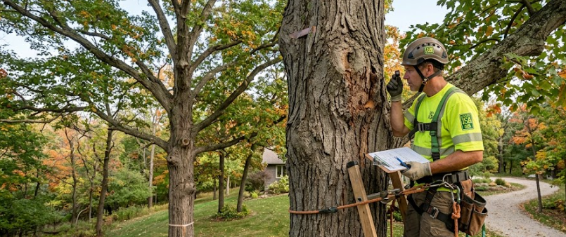 Certified arborist inspecting a mature Wisconsin maple tree for invasive pest damage and canopy health concerns
