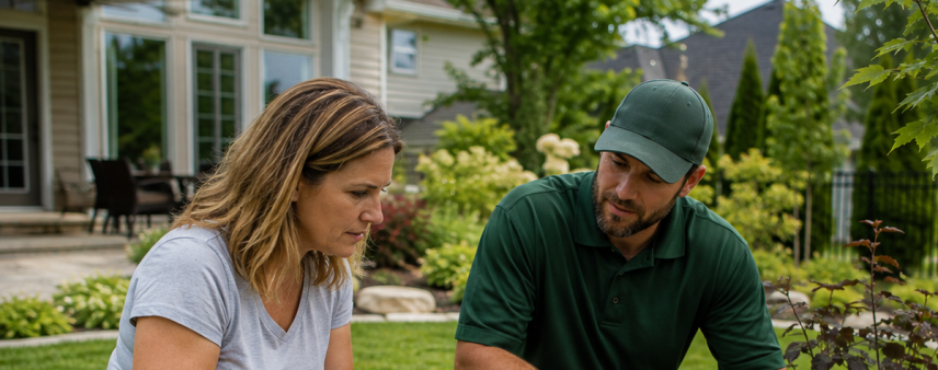 Homeowner and arborist selecting the right tree species for planting in a Southeast Wisconsin backyard near Burlington.