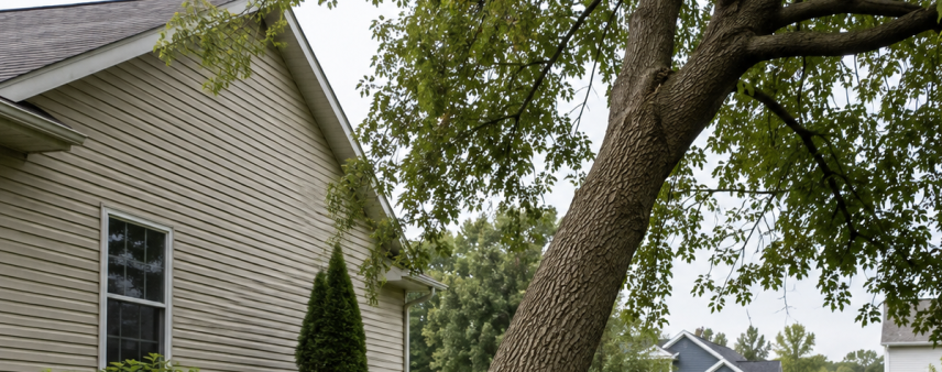 Leaning tree showing exposed roots in a Burlington, WI yard