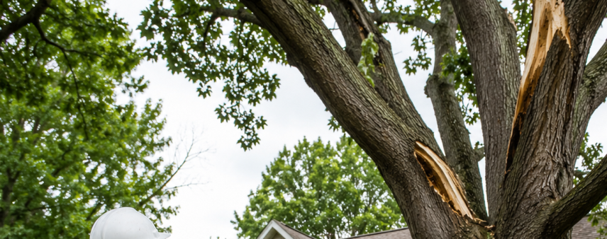 1. Certified arborist inspecting a large mature tree for storm damage risk on a residential property in Racine County, Wisconsin.