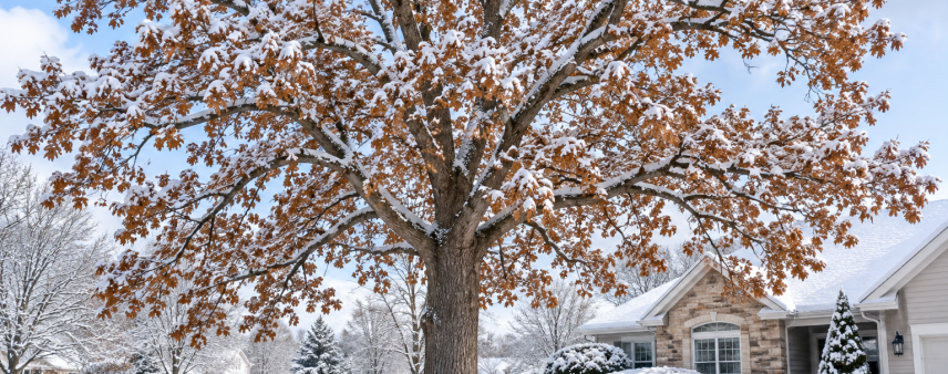 Large oak tree covered in early snow on a Kenosha, WI property
