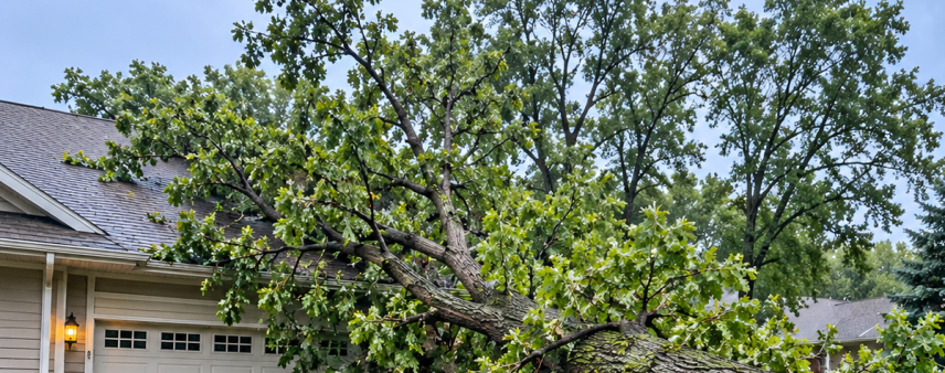 Storm-damaged tree lying across a residential driveway in Southeast Wisconsin